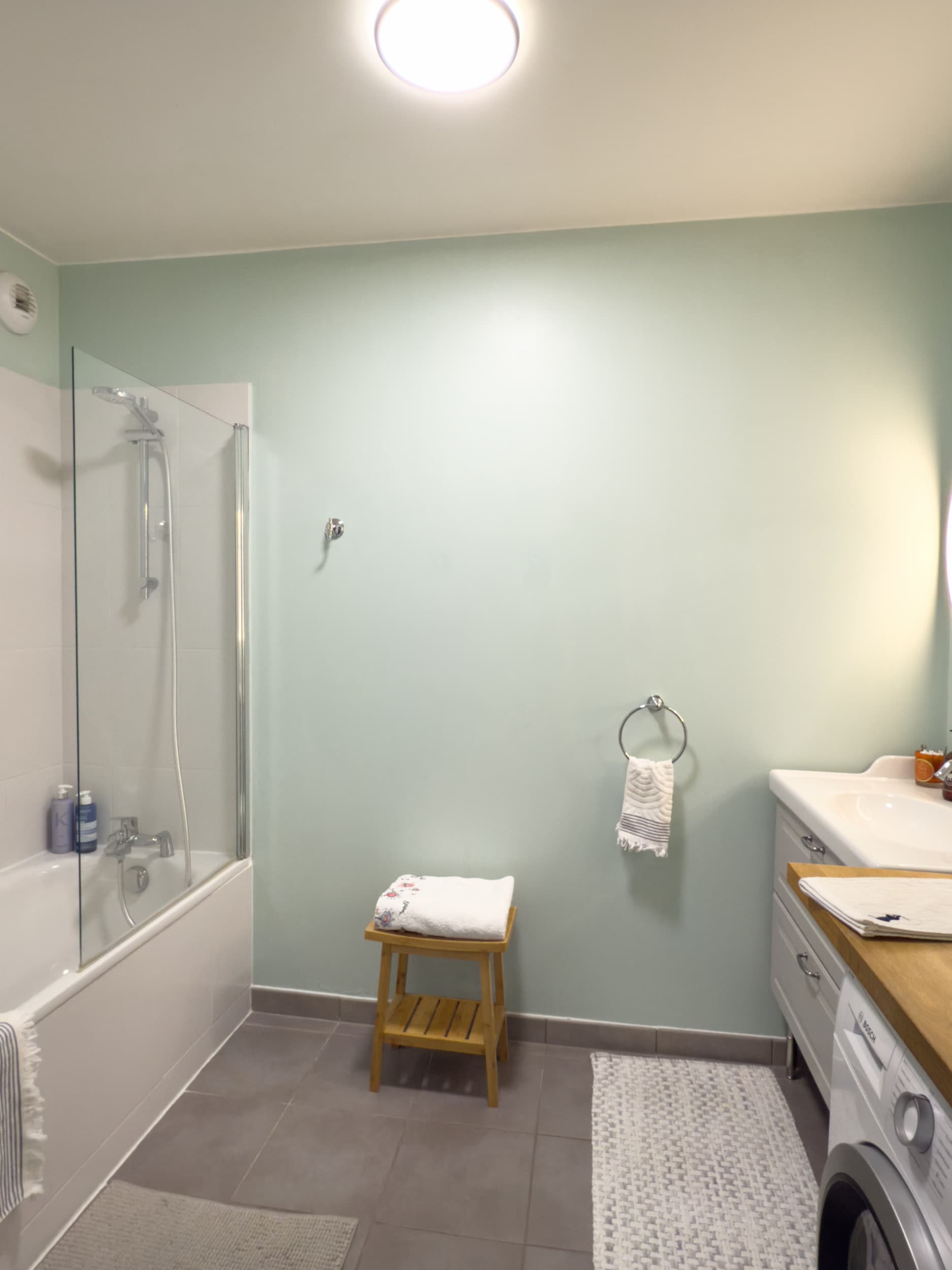 Vue d'ensemble avec baignoire, pare-douche et plan vasque