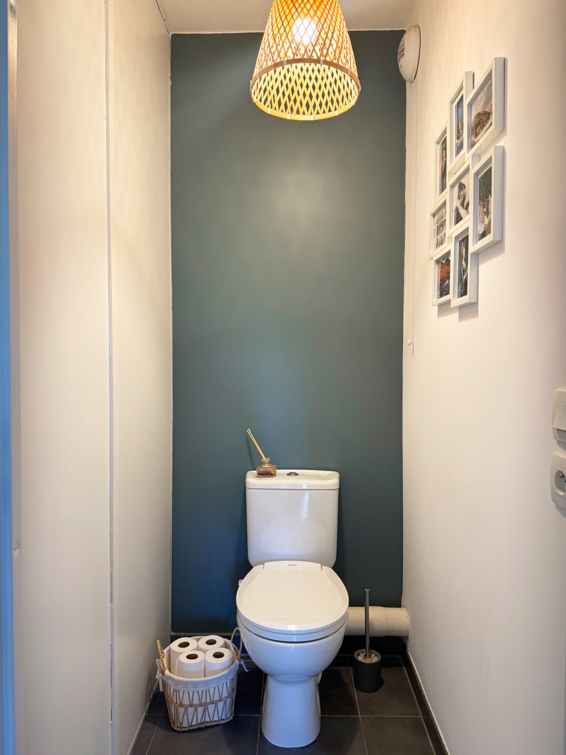 WC indépendant — mur vert profond et suspension en rotin tressé